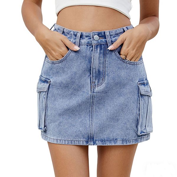 

Женская джинсовая мини-юбка с карманами карго, высокая талия, потертости, функциональные боковые карманы Clearflower, Light Blue