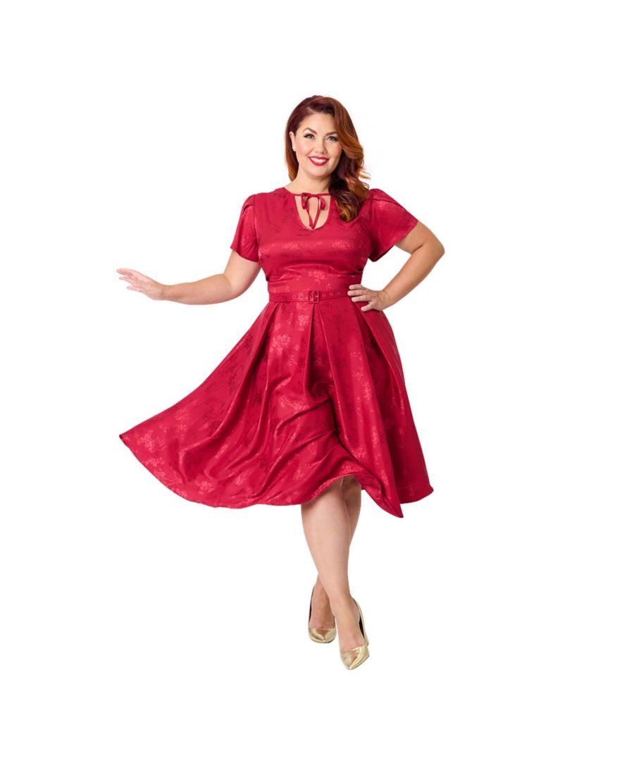 

Платье-трапеция большого размера с короткими рукавами-лепестками и завязками на шее в стиле Георгина Unique Vintage, Burgundy floral print