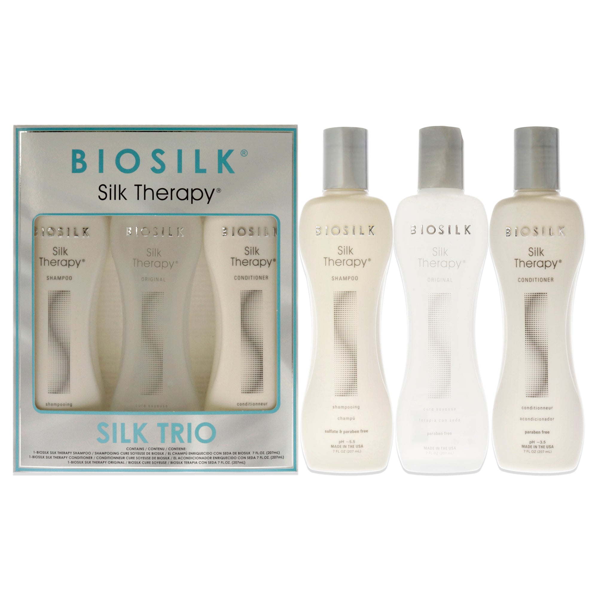 

Трио Silk Therapy от Biosilk для унисекс: 3 шт. шампуня Silk Therapy (7 унций), кондиционер Silk Therapy (7 унций), 7 унций и Silk Therapy Original Biosilk, Clear/Transparent