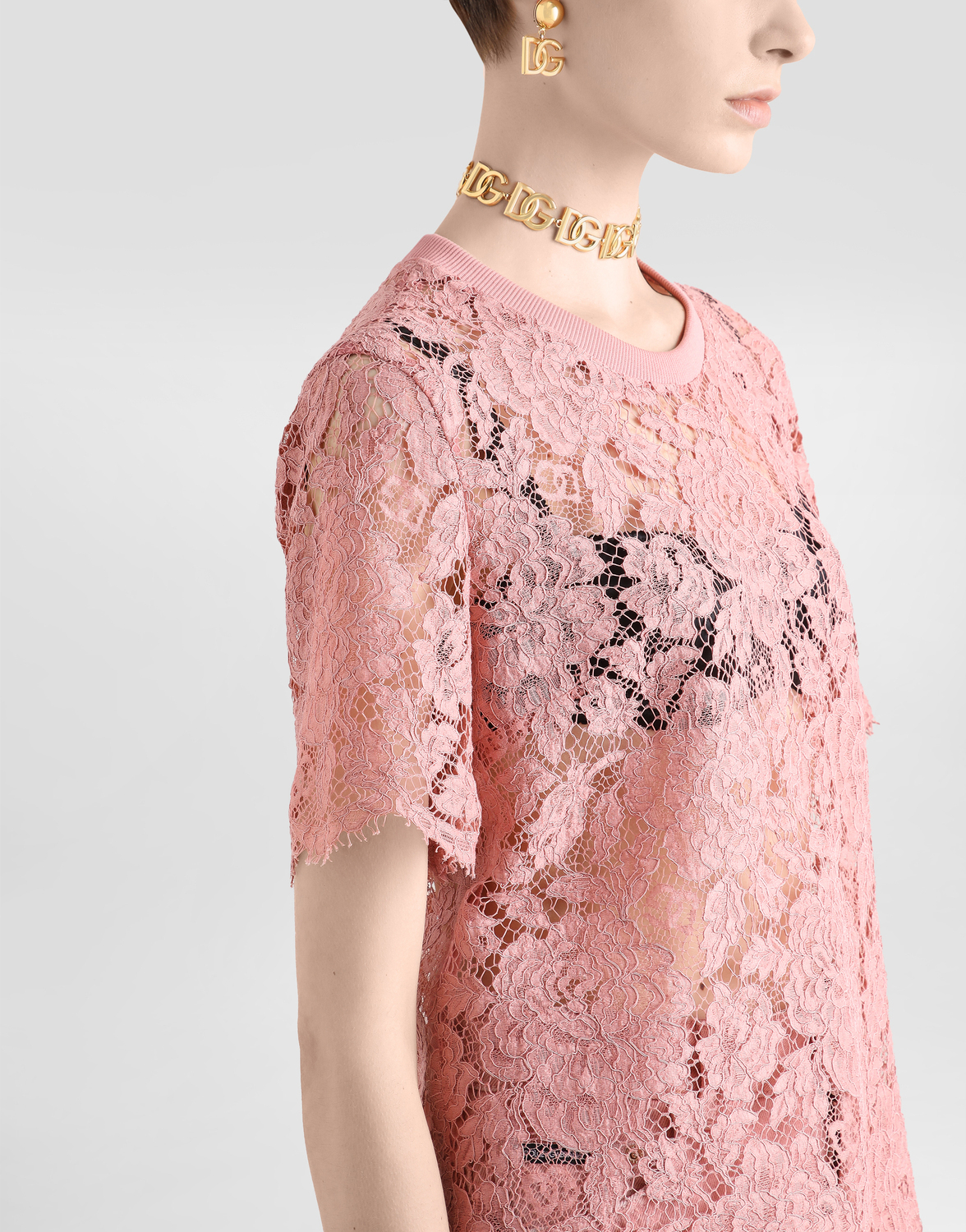 Футболка из кордоне кружева с короткими рукавами Dolce & Gabbana, розовый — фото 4
