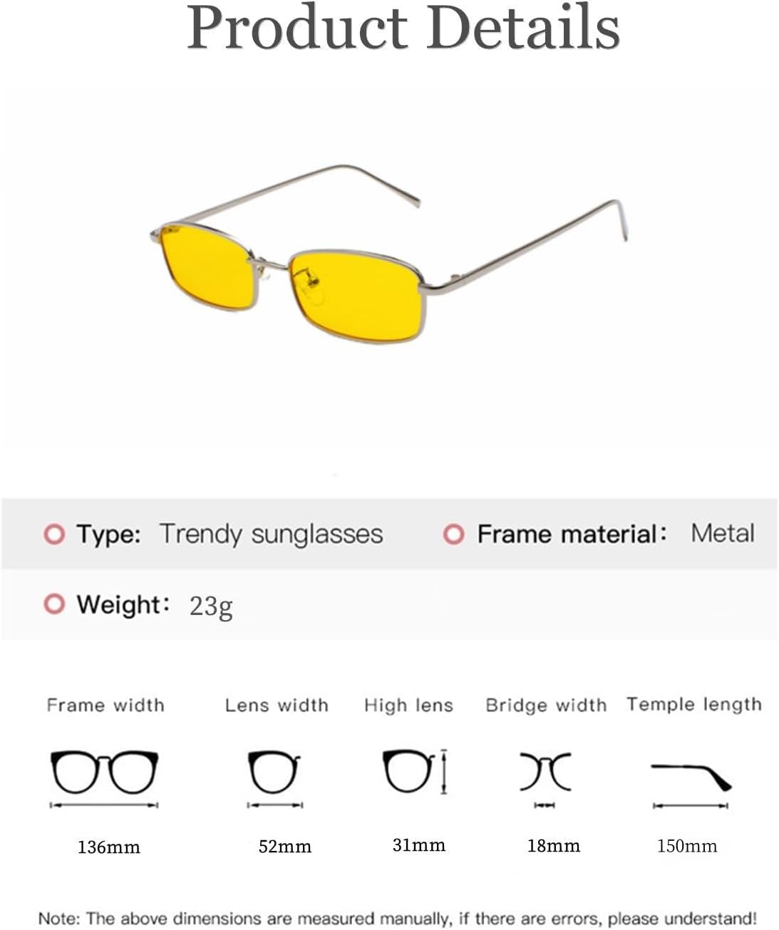 

Классические прямоугольные солнцезащитные очки в стиле ретро с тонкой металлической оправой, винтажные прямоугольные солнцезащитные очки конфетных цветов WDZAYXC, Black/Yellow