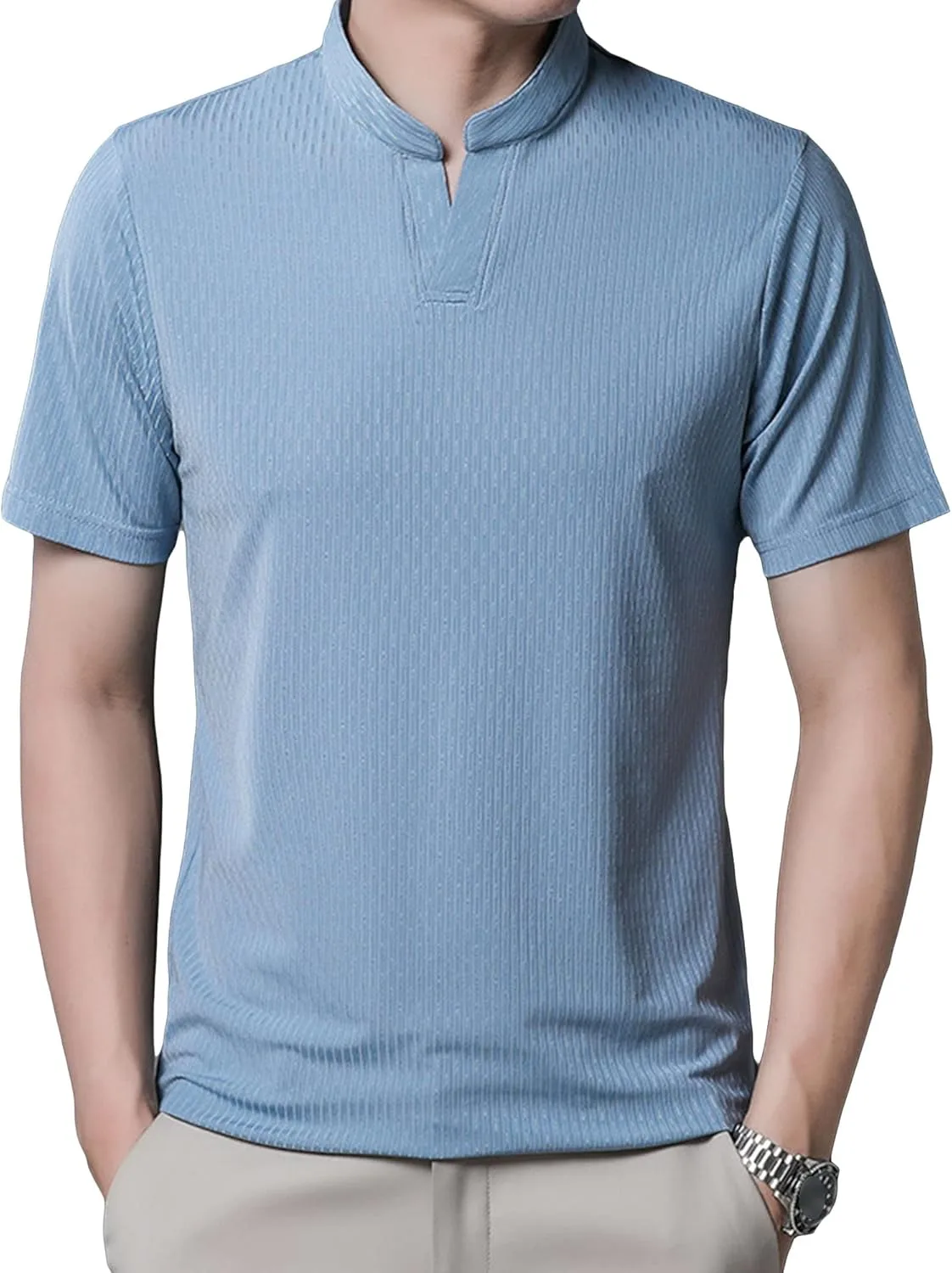 

Мужская футболка casual с отложным воротником slim fit из айс шелка Gsywaipei