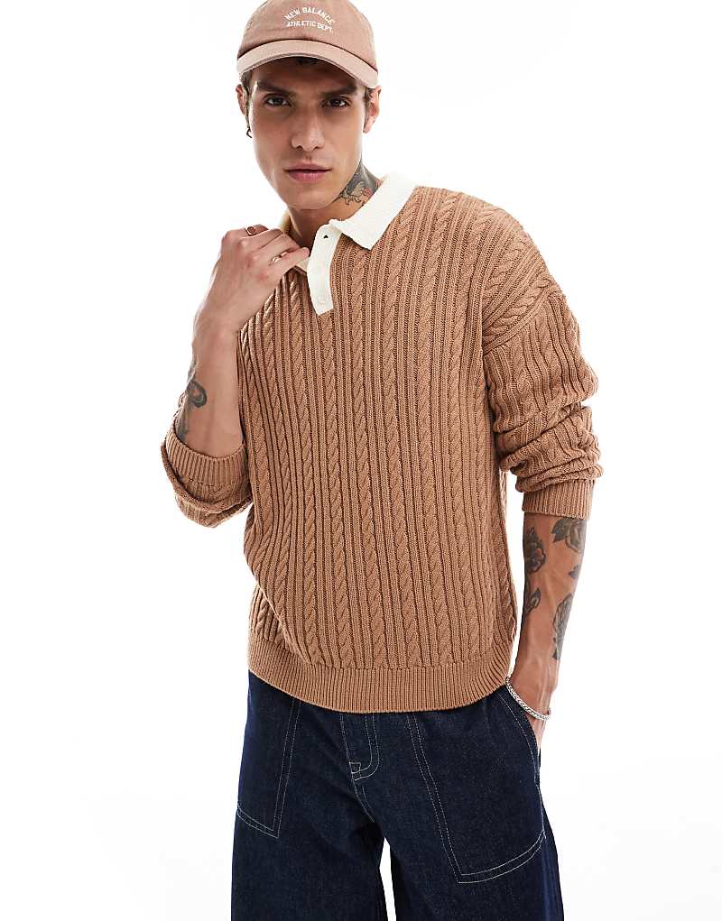 

Светло-коричневый свитер-поло регби ASOS DESIGN косой вязки