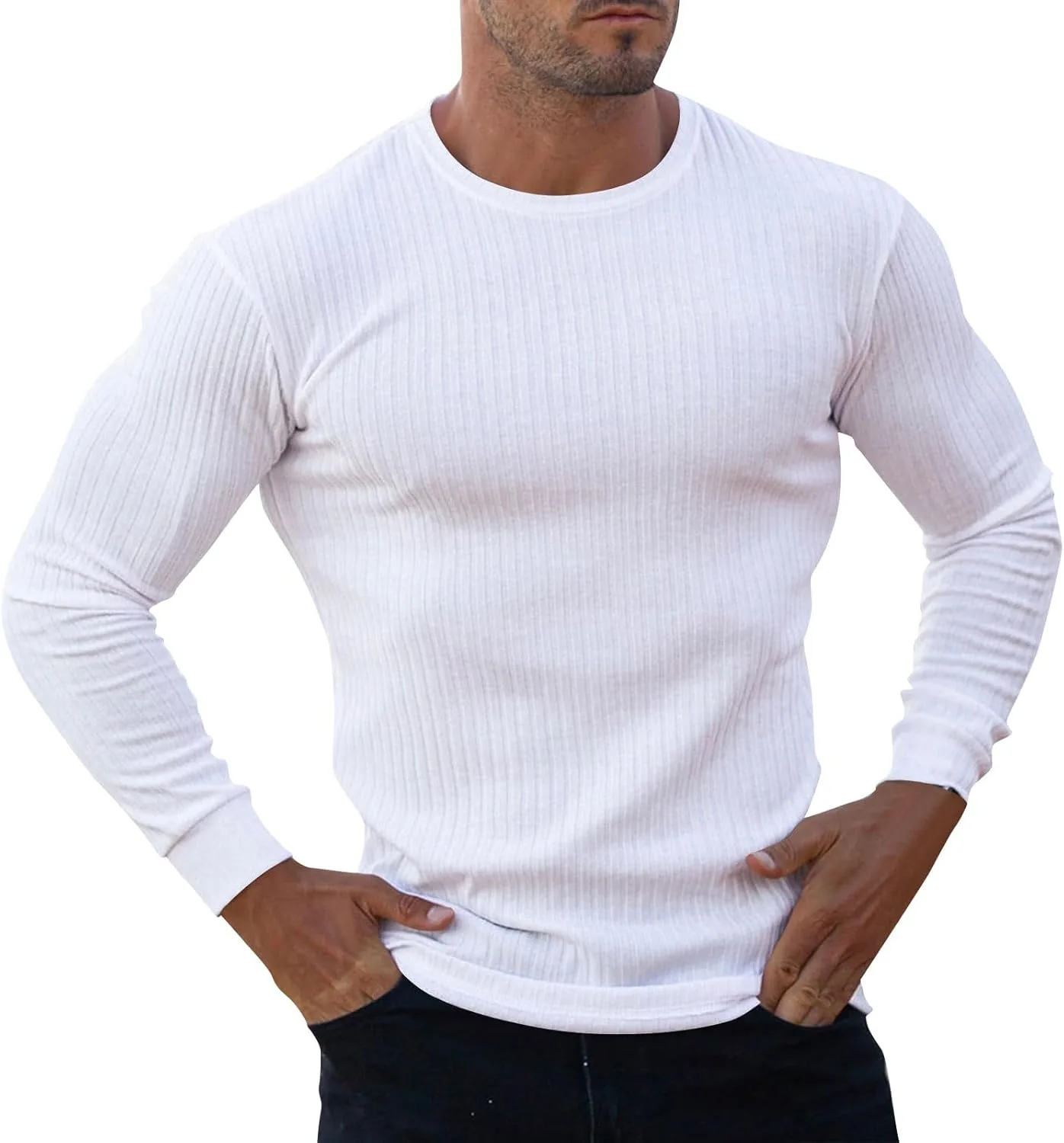 

Мужской длинный свитер с ребристой вязкой и круглым вырезом