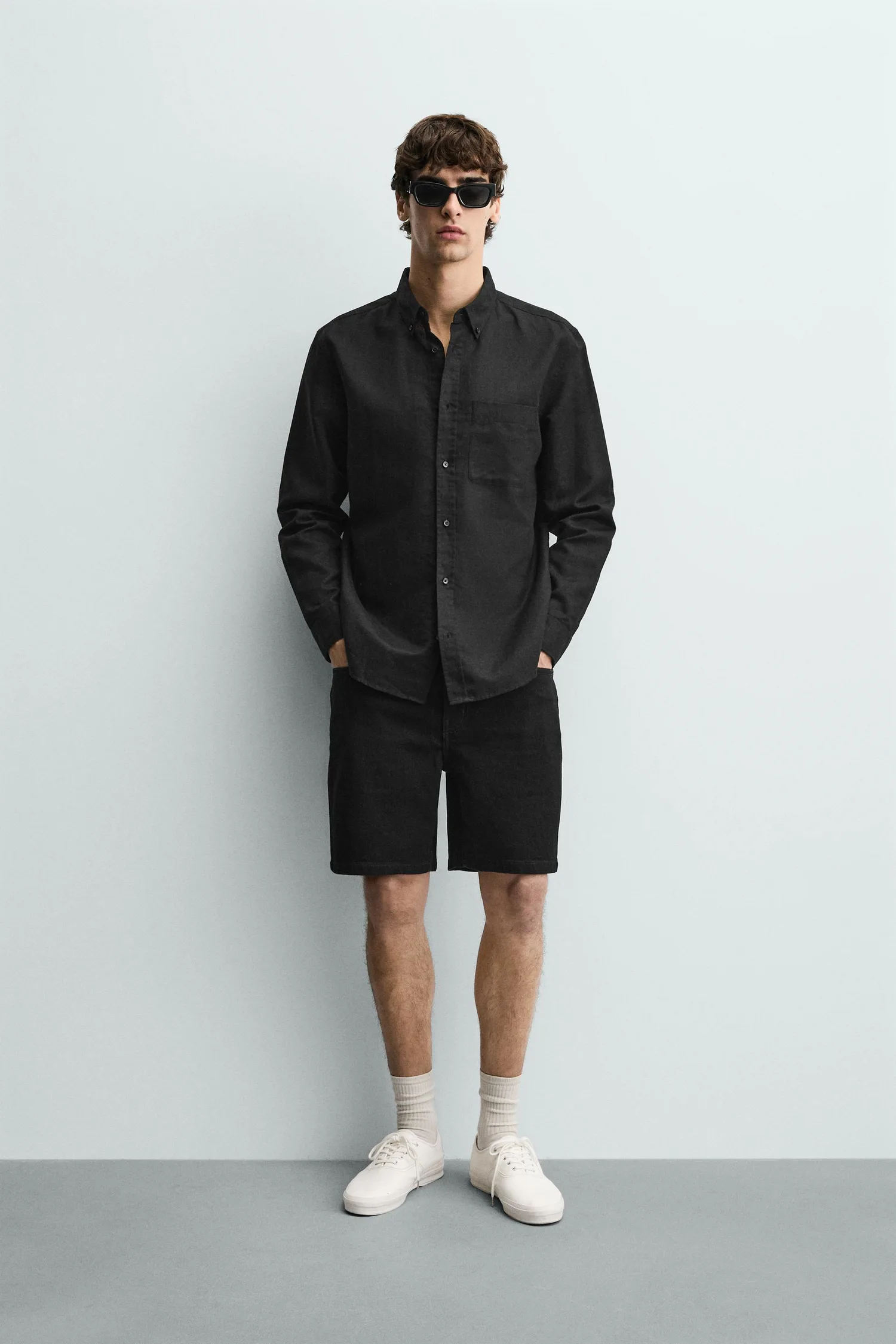 Рубашка из льна и хлопка, стандартного кроя Zara, черный