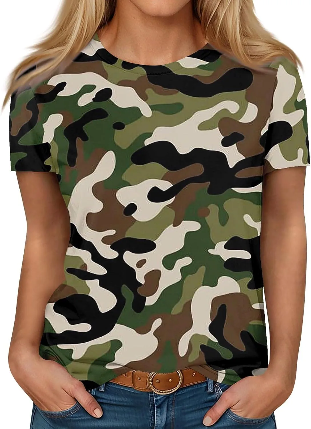

Женская летняя футболка с коротким рукавом и круглым вырезом, Camouflage, S-5XL