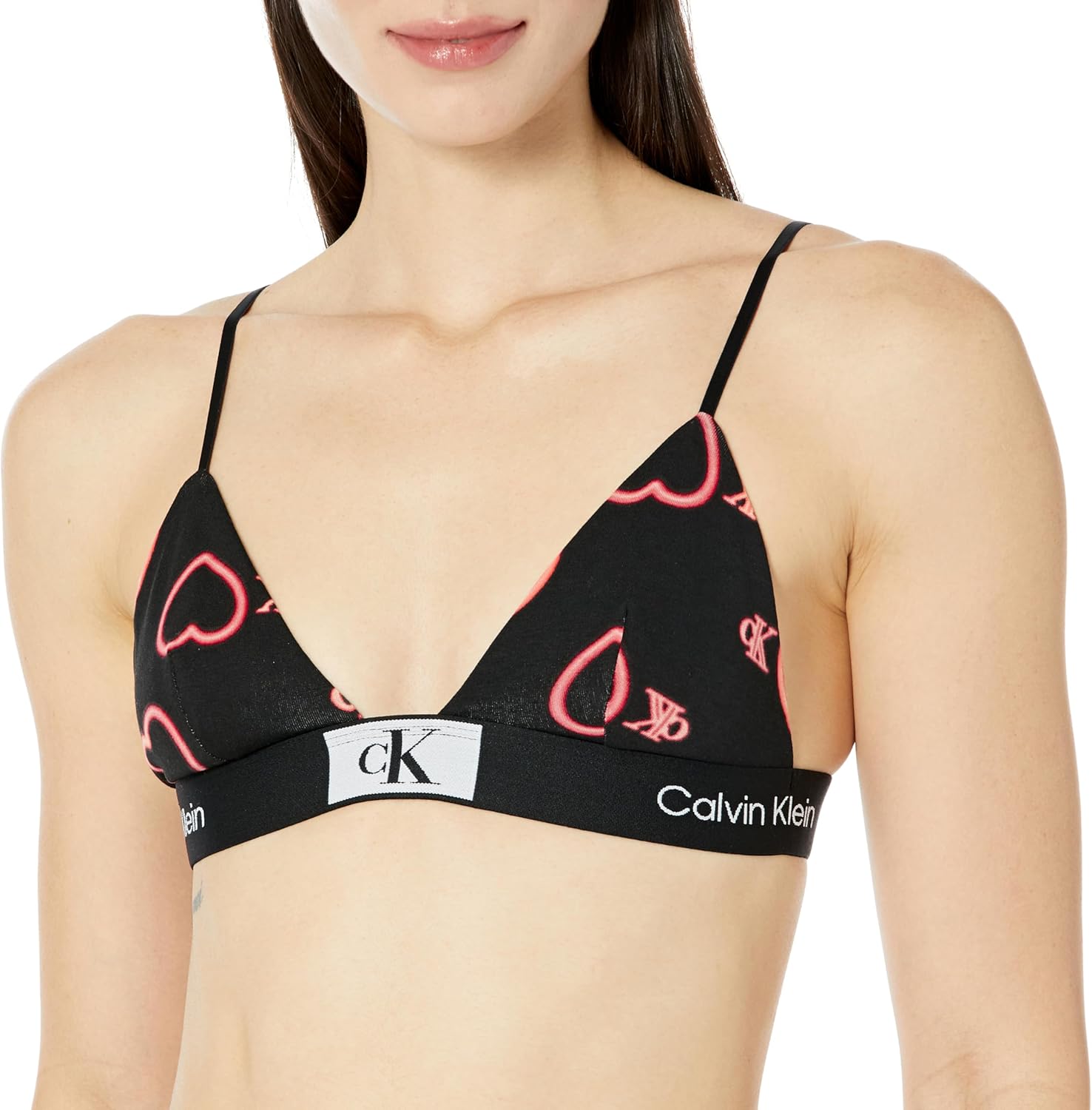 Calvin Klein, женский хлопковый бюстгальтер без подкладки, 1996 г., Neon Hearts Black — фото 2