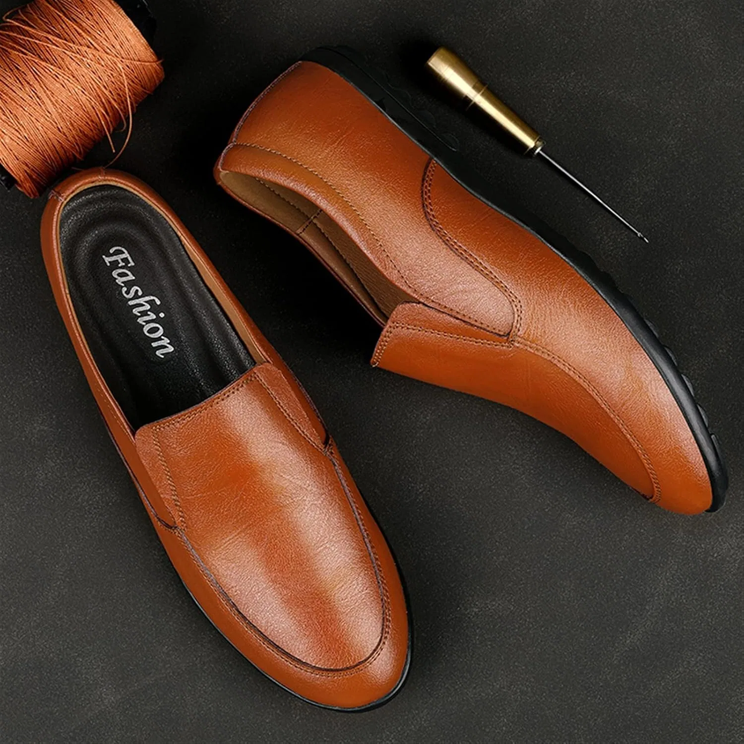 Лоферы мужские Leather Flat Heel Lightweight Brown PUGHGAETZF — фото 3