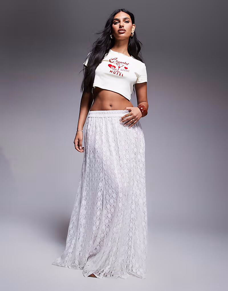 

Длинная юбка-годе цвета слоновой кости с кружевом ASOS DESIGN