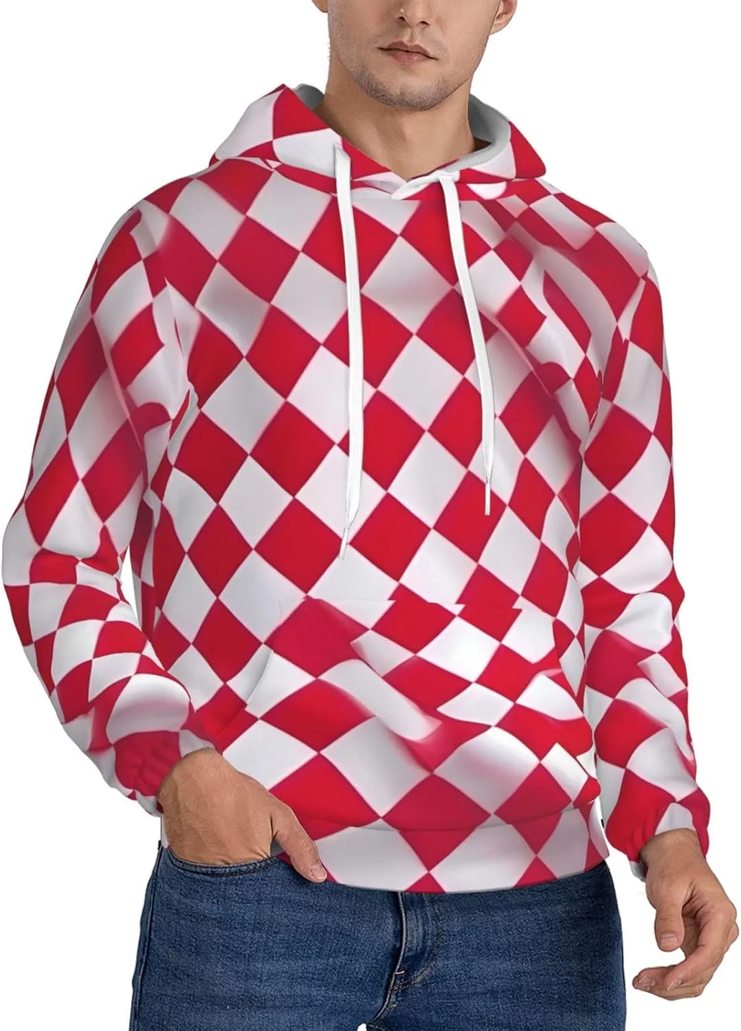 

Мужская флисовая толстовка с капюшоном Red Checkered White Squares, мягкая подкладка Sherpa, с передним карманом DRTGEDS