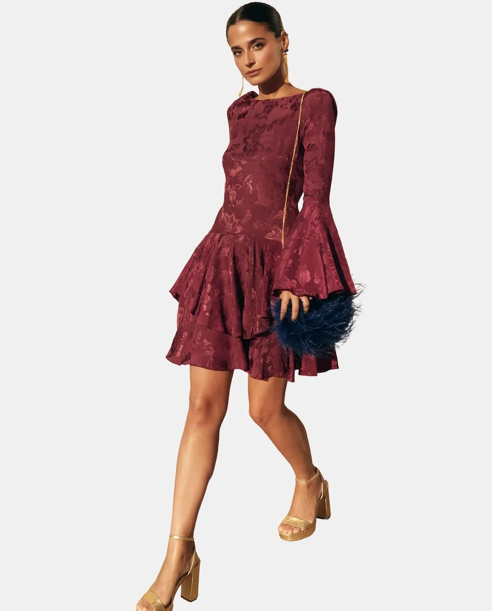 

Мини-платье с открытой спиной и расклешенными рукавами MIPHAI, баклажановый