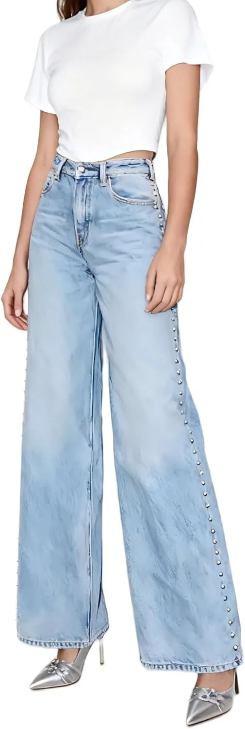 

Женские джинсы с заклепками и стразами — прямые, завышенные, в стиле boyfriend WGXWGX