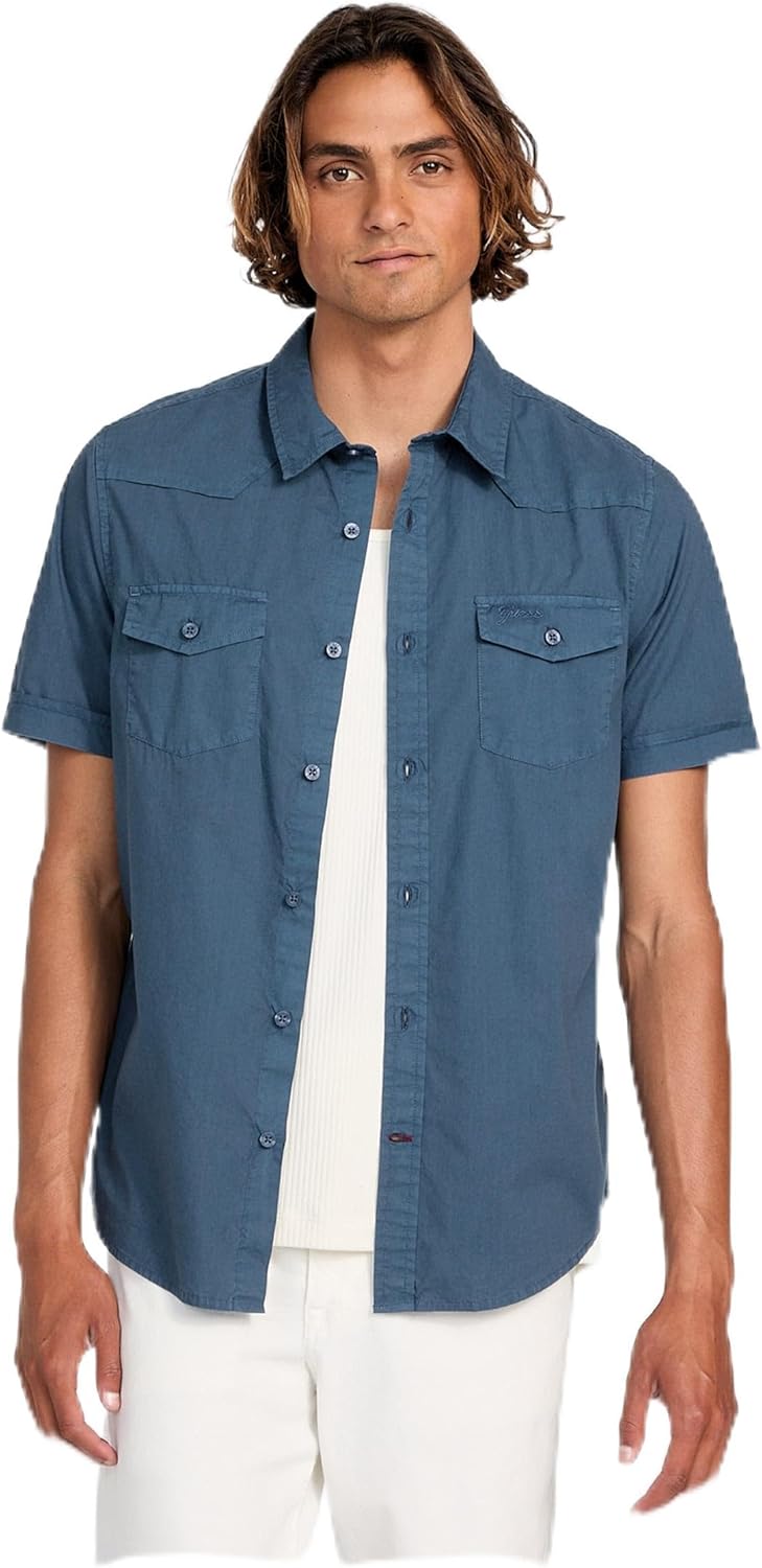 

GUESS Мужская короткая рукав Nottingham Western рубашка, Endless Blue Multi