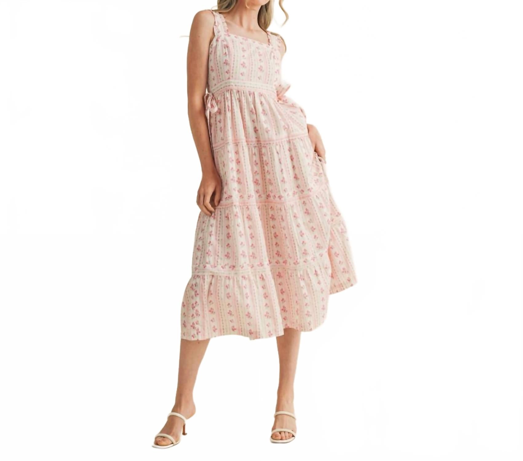 

Розовое кокетливое миди-платье слоновой кости с цветочным принтом и боковым бантом &merci