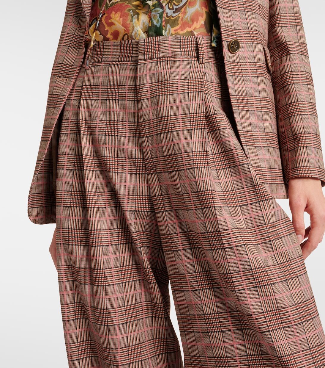 Клетчатые брюки с высокой талией и широкими штанинами Etro, Multicolour On Pink Base — фото 4