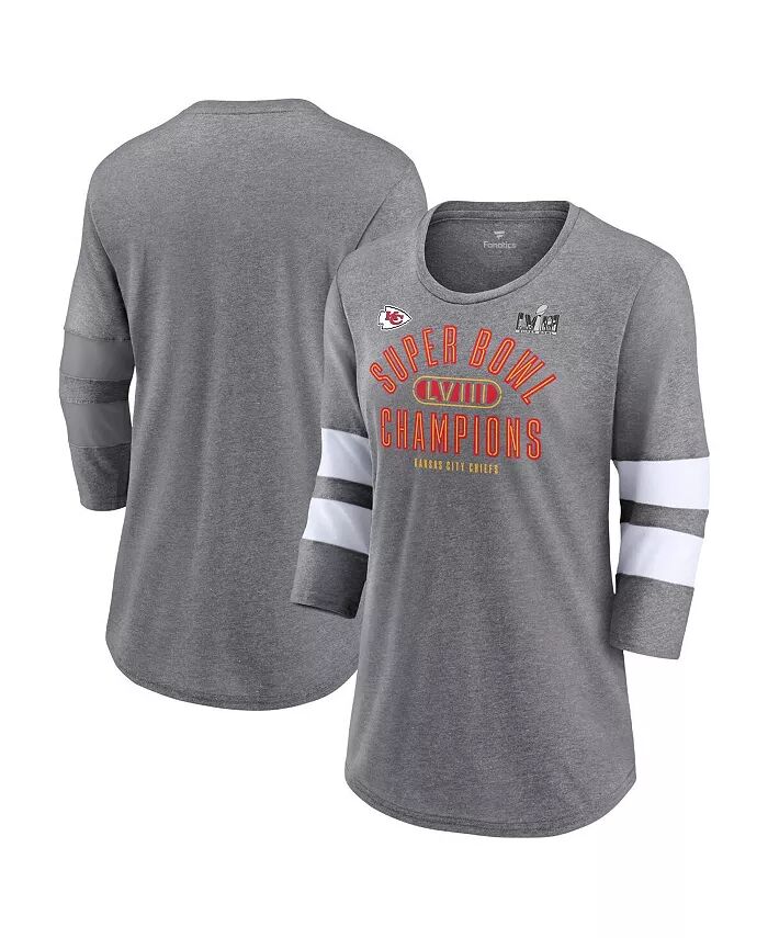 

Женская футболка Heather Gray Kansas City Chiefs Super Bowl LVIII Champions Under the Lights Tri-Blend с рукавом 3/4 Fanatics