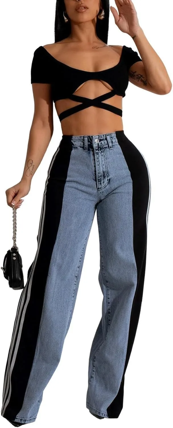 

Женские джинсы Loose с пачворком и полосками High Waist Color Block Wide Leg lovecarnation