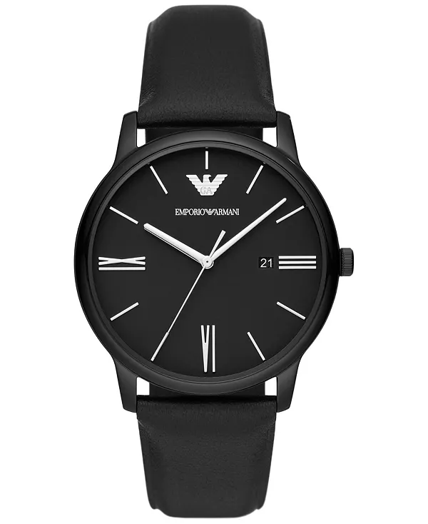 

Мужские часы с черным кожаным ремешком 42 мм Emporio Armani, black