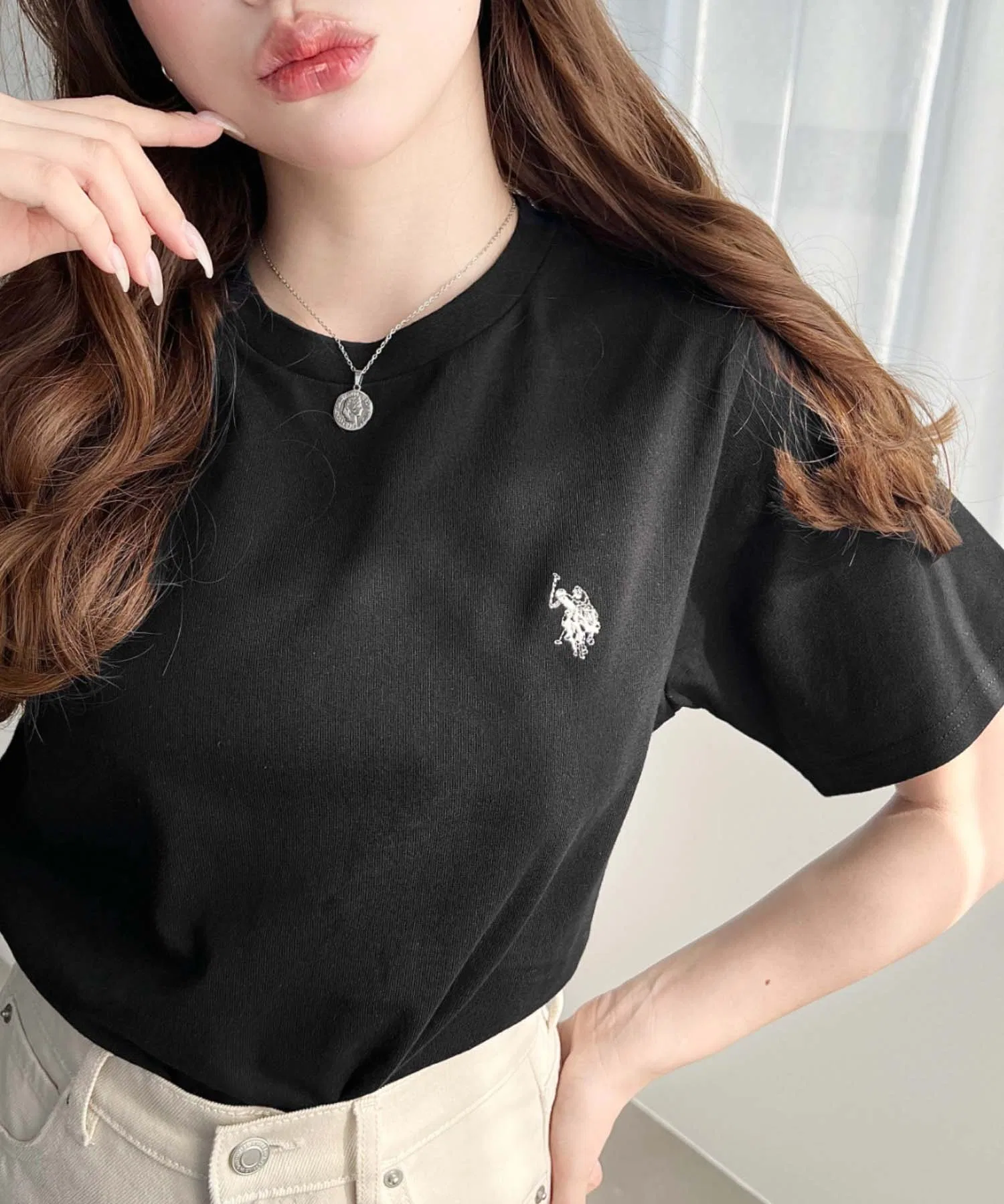 Женская футболка U.S. POLO ASSN. с вышивкой, базовая модель, чёрный цвет