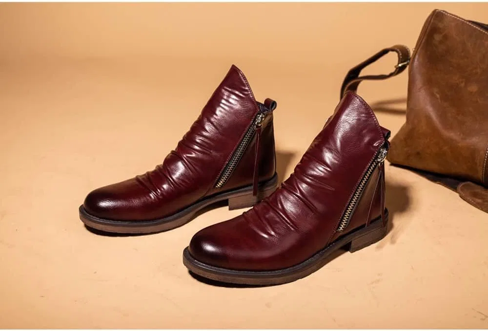 Мужские кожаные ботинки челси Remxi с двойной боковой молнией и нескользящей подошвой, Red — фото 4