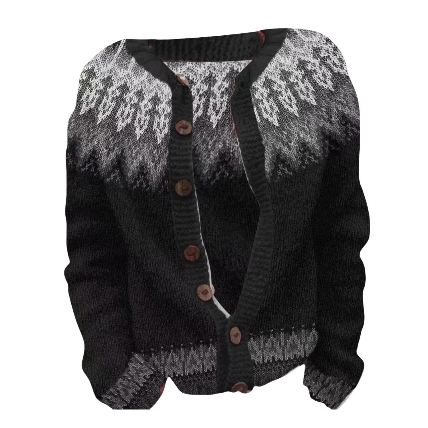 Женский кардиган с нордическим узором Fair Isle с длинным рукавом, Black-d — фото 3