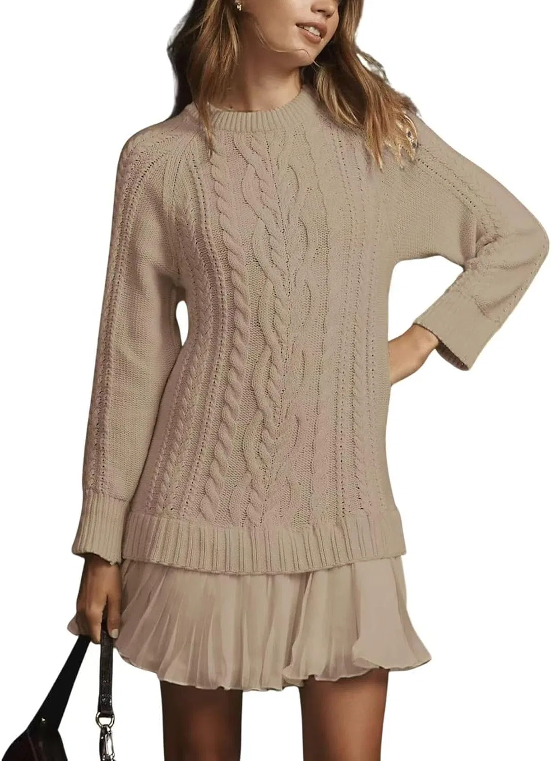 Женское платье из футера с косами, модель Cable Knit Sweater Dress, светло-коричневый