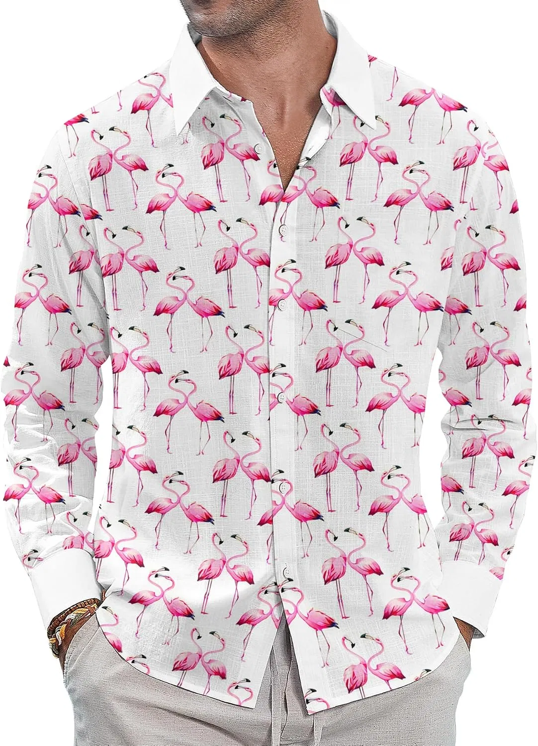 Мужская гавайская рубашка с длинным рукавом, модель Flamingo, белый — фото 3