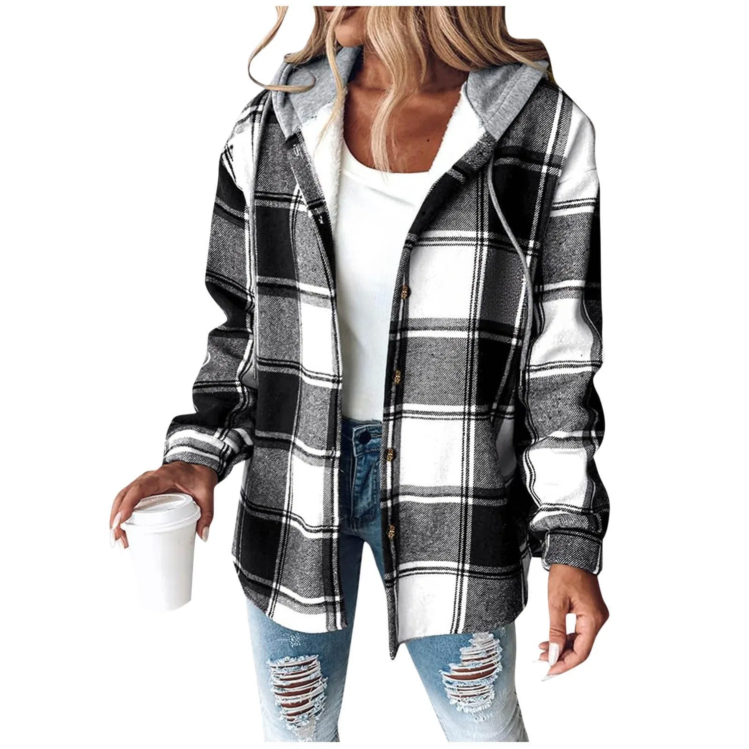 Женское пальто с капюшоном и принтом в клетку, модель Uk Checked Casual Sciolto Shacket, 01 Nero