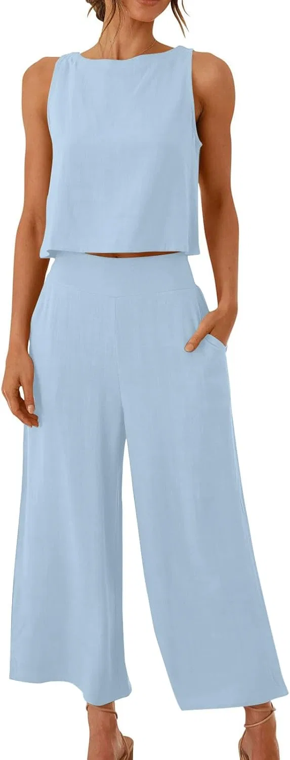 Женский летний костюм из льна с топом и широкими брюками, Light Blue