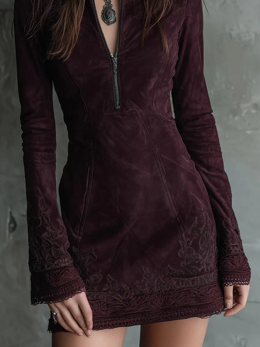 Женское мини-платье с вышивкой и кружевной отделкой, Burgundy — фото 2