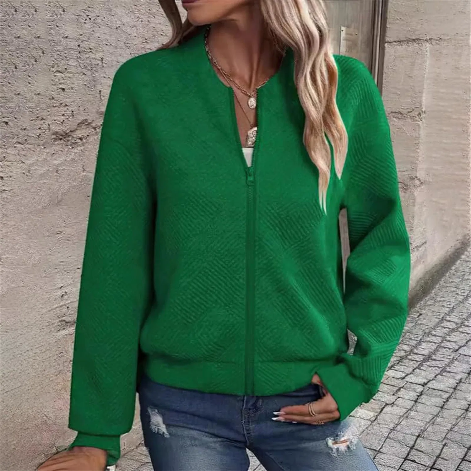 Женская куртка-бомбер с принтом жаккард Bomber Jackets Women Elegant Knitted Jacquard Zip Up Flight Jackets, green — фото 2