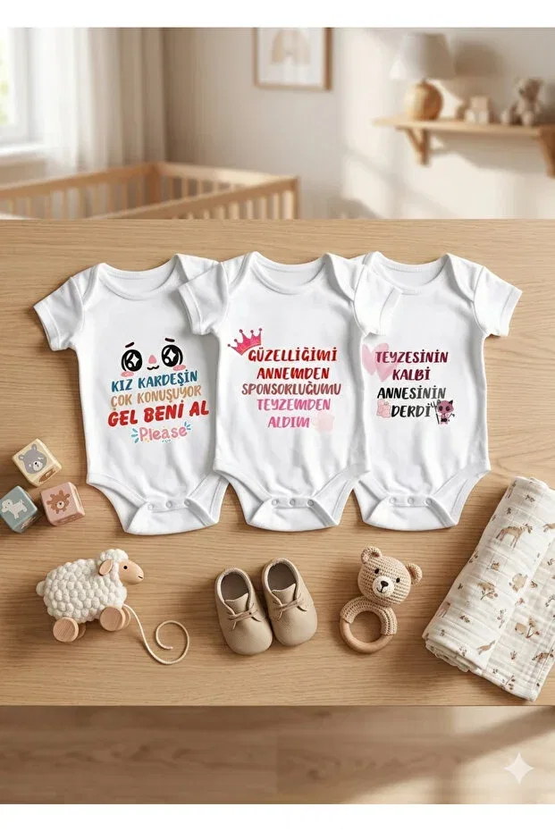 Детский комплект боди для новорожденных хлопковый Auntie-Themed 3-Piece Baby Bodysuit Set Hazden, White — фото 2