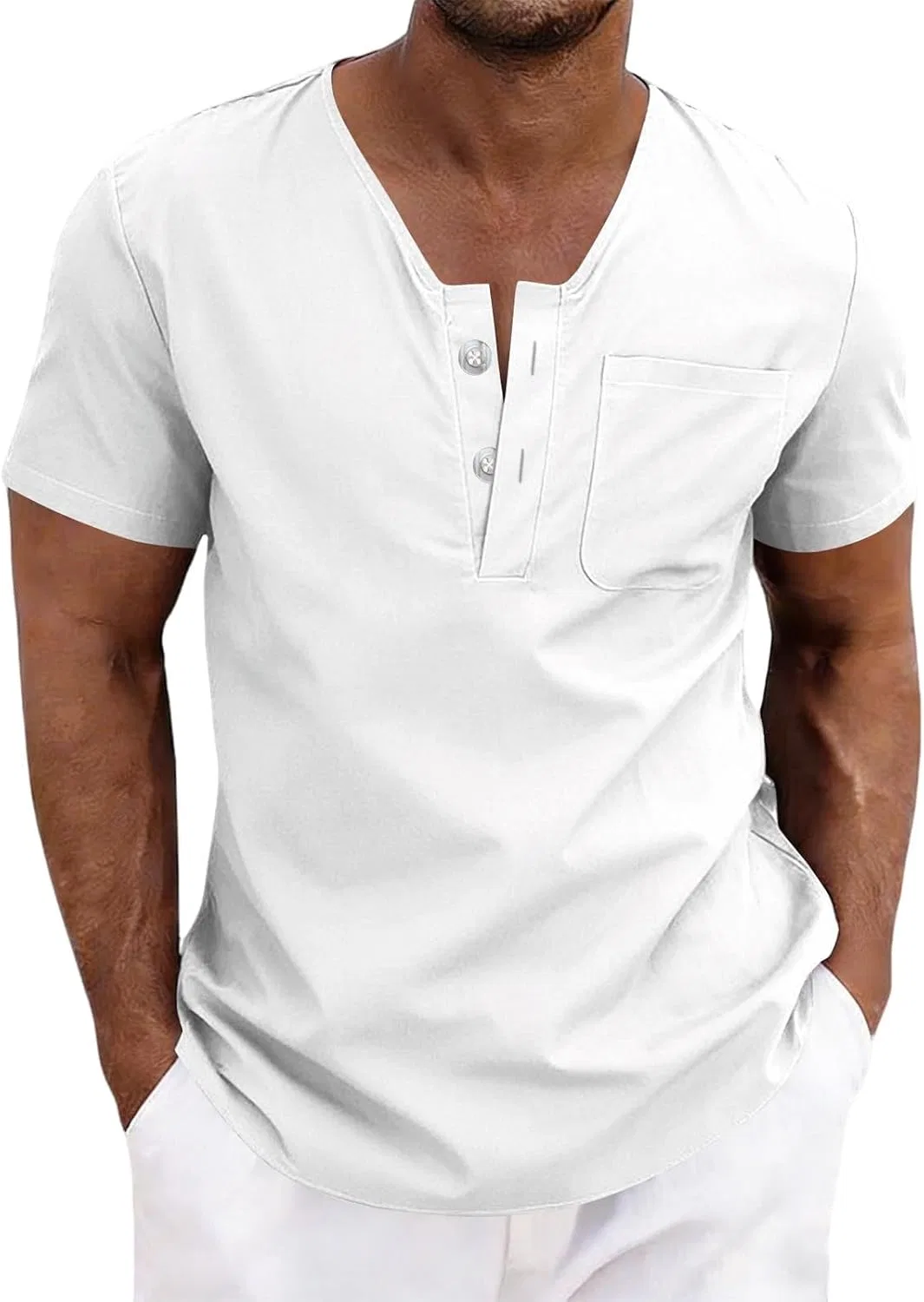 Мужская льняная рубашка хенли с коротким рукавом, White