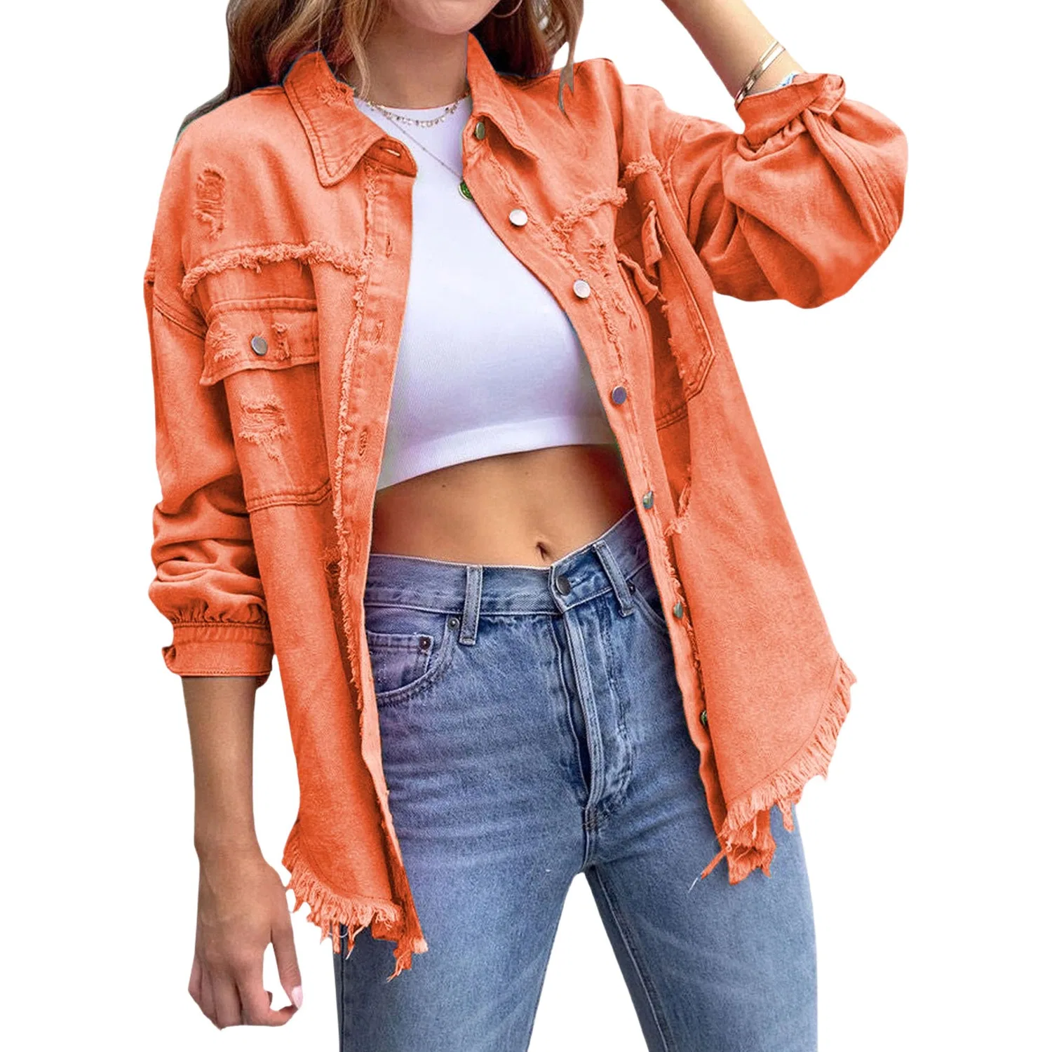 Женская джинсовая куртка oversize с бахромой, Arancia