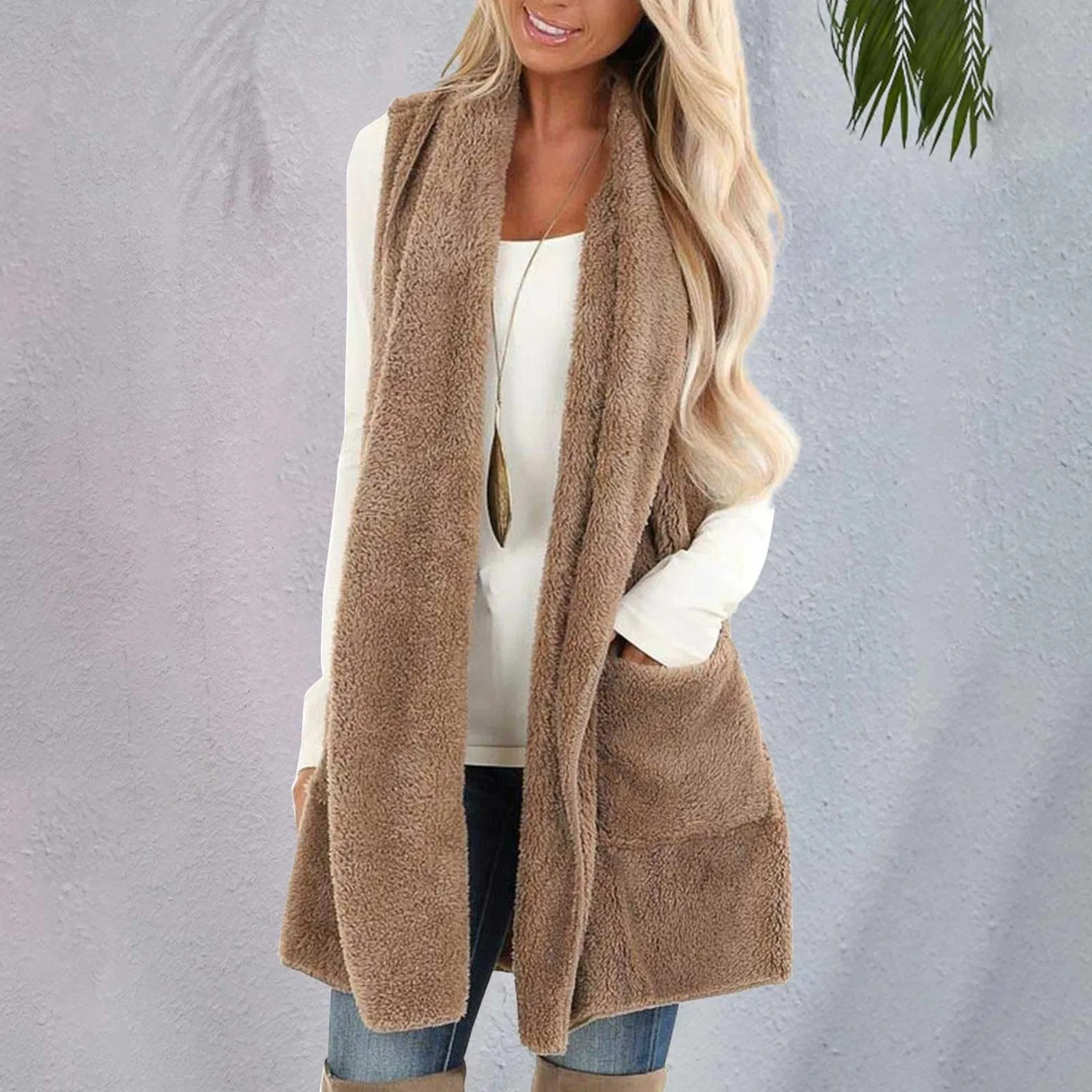 Женский безрукавный жилет из флиса Cozy Shawl Soft Cardigan Jacket Western, cachi — фото 3