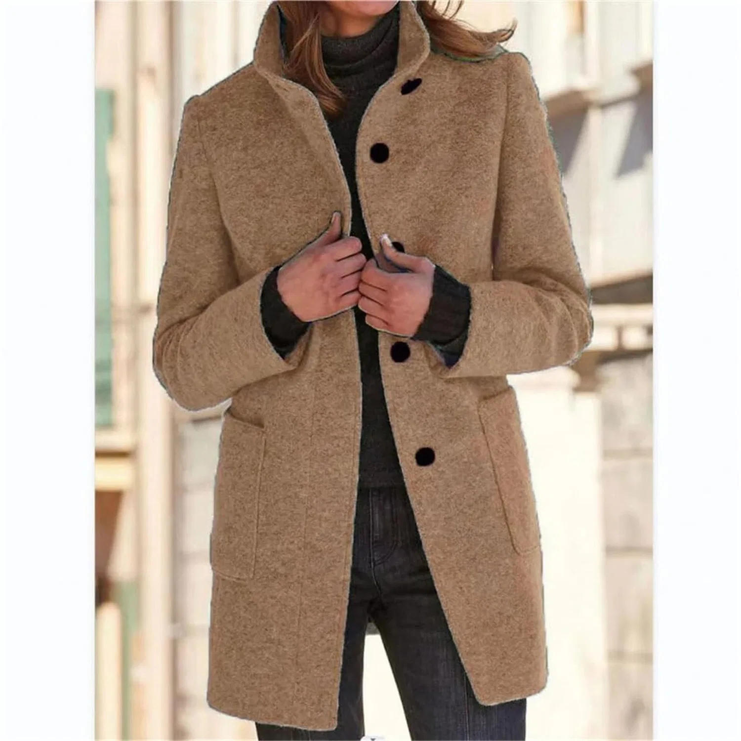 Женское зимнее пальто с воротником-стойкой из шерстяной смеси, Caramello — фото 4