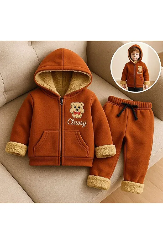 Детский спортивный комплект для девочек с принтом Winter3 yarn-unisex children's k hooded zippered suit - embroidered teddy bear, furry inside Classy Moda, Orange