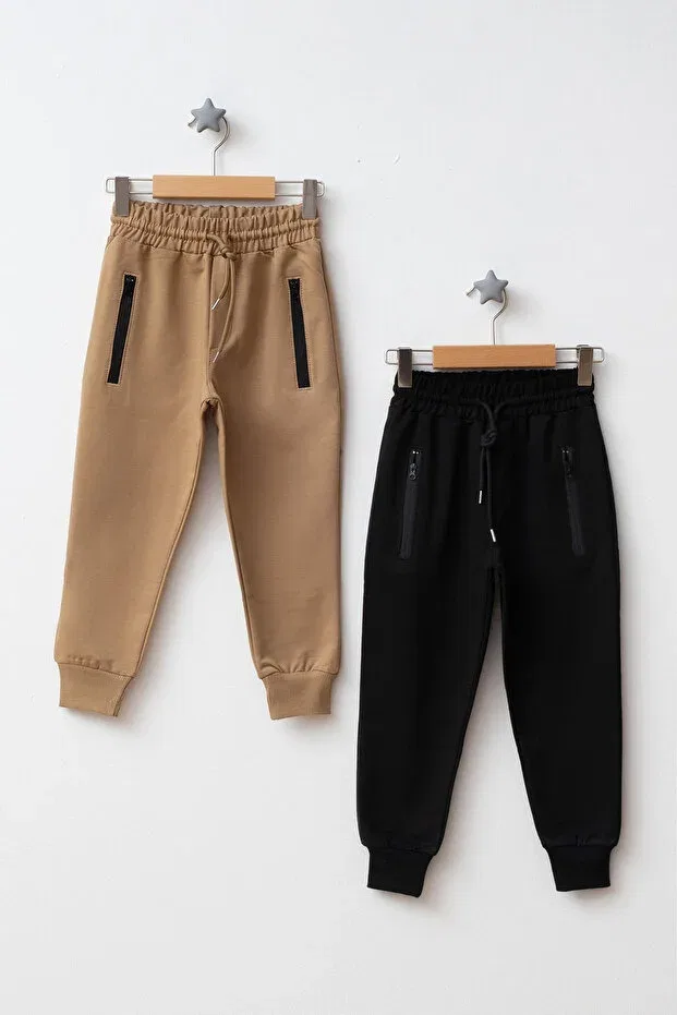 Детский комплект спортивных брюк с принтом Beniizle, Black & Camel — фото 2