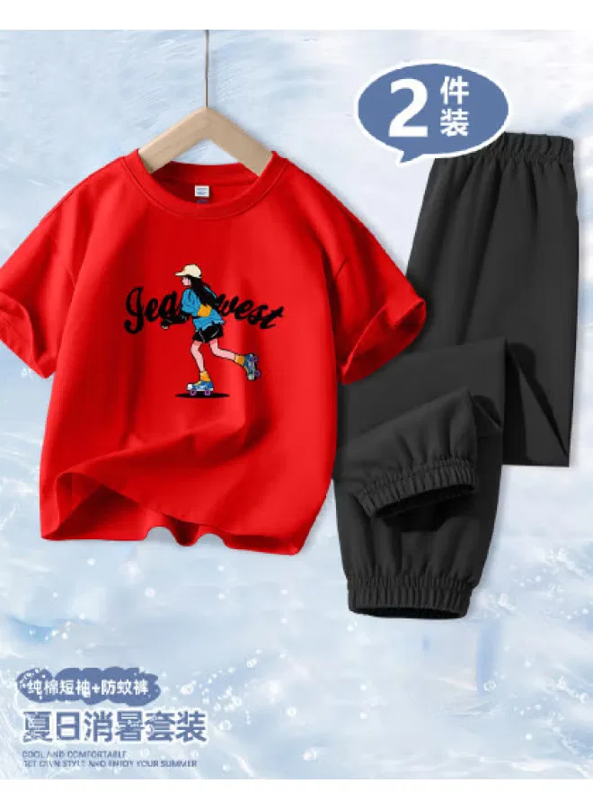 Комплект детской летней одежды с коротким рукавом и брюками от комаров Jeanswest, красный