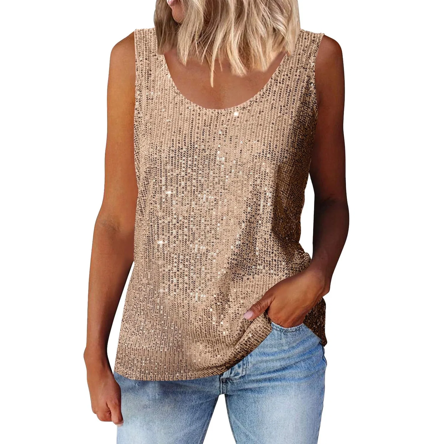 Женская туника без рукавов с блестками Sparkly Elegant Loose Sleeveless Tunic Top, Champagne