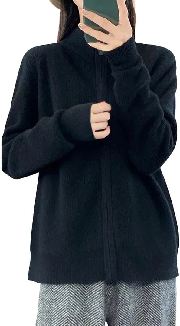 Женский кардиган на молнии с воротником-стойкой, Warm Cashmere Blend, чёрный