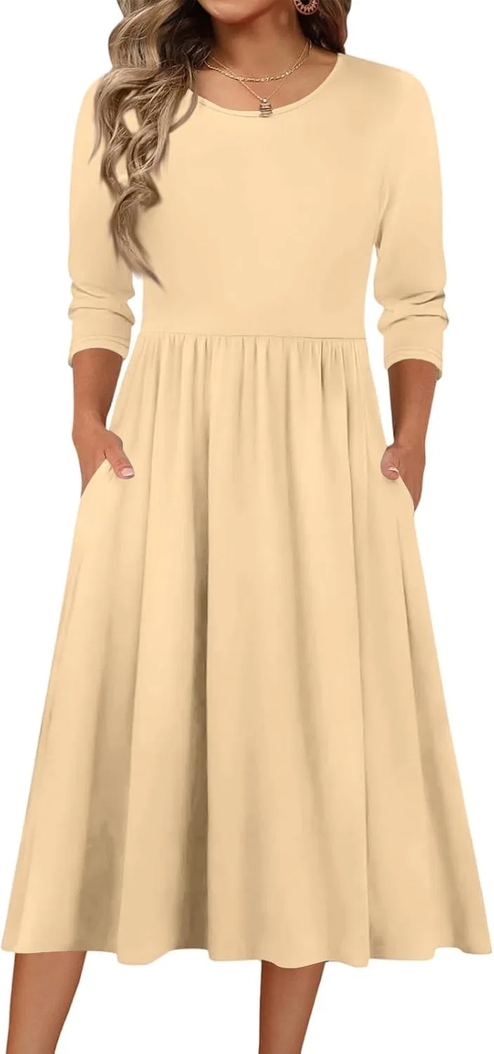 Женское платье миди с рукавом 3/4 A-силуэта, Beige — фото 2