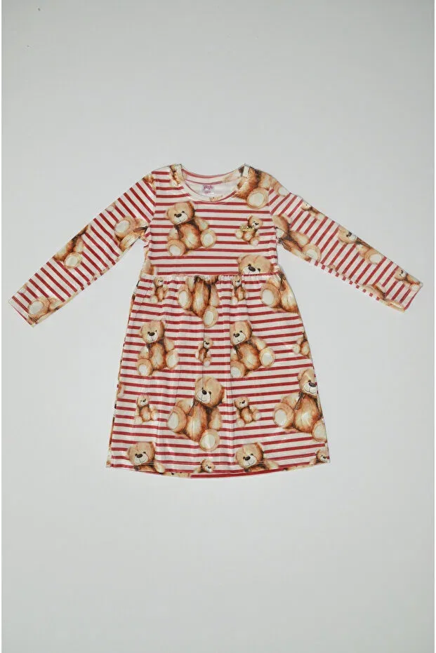 Детское платье для девочек с длинным рукавом Seasonal Long Sleeve Striped Bear Printed Dress Baby Slon Kids Clup, Red