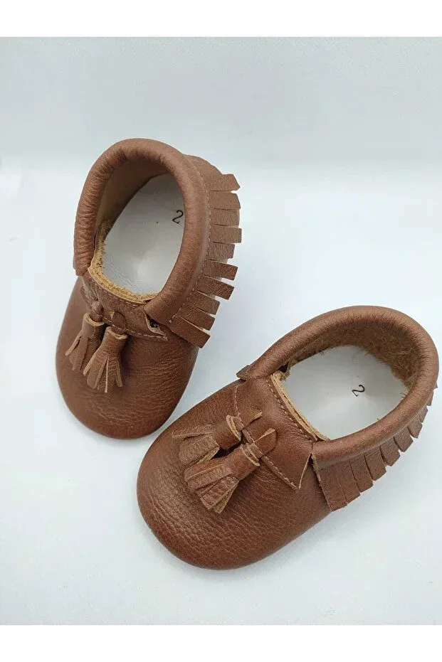 Детские мокасины-ботиночки для новорожденных кожаные King model Minibiri, Taba — фото 3