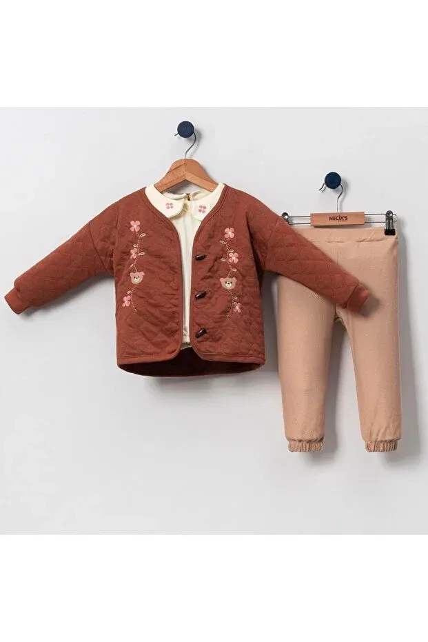 Детский комплект для девочек с цветочным принтом Necix'S baby collared cardigan 3-piece girl's set Yagmurgiyim, Brown-1702