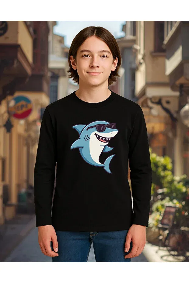 Детская футболка с длинным рукавом с принтом Cool Shark With Sunglasses Mixxi Fashion, Black — фото 2