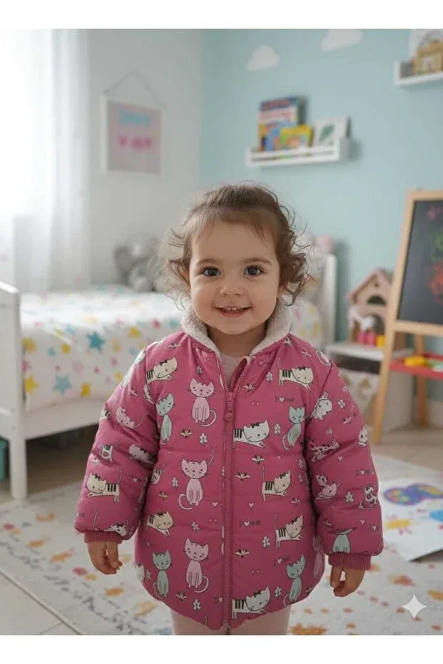 Детское пальто для девочек с принтом Cute girl's coat with cat pattern and fur inside Moda, Pink — фото 4