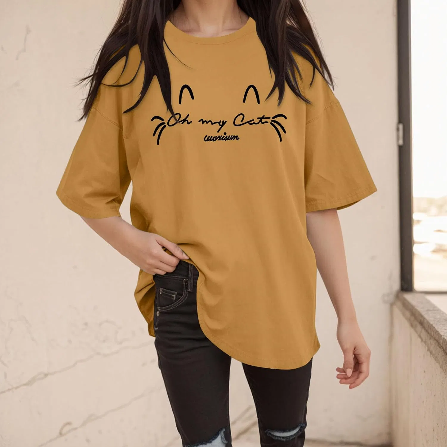 Футболка свободного кроя с круглым вырезом, Women's Short Sleeve T-Shirt, золотой — фото 3