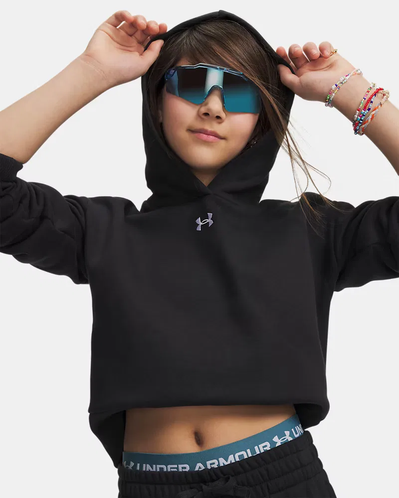 Укороченное худи для девочек из ультрамягкого флиса с начесом UA Rival Fleece UnderArmour, Black/White — фото 4