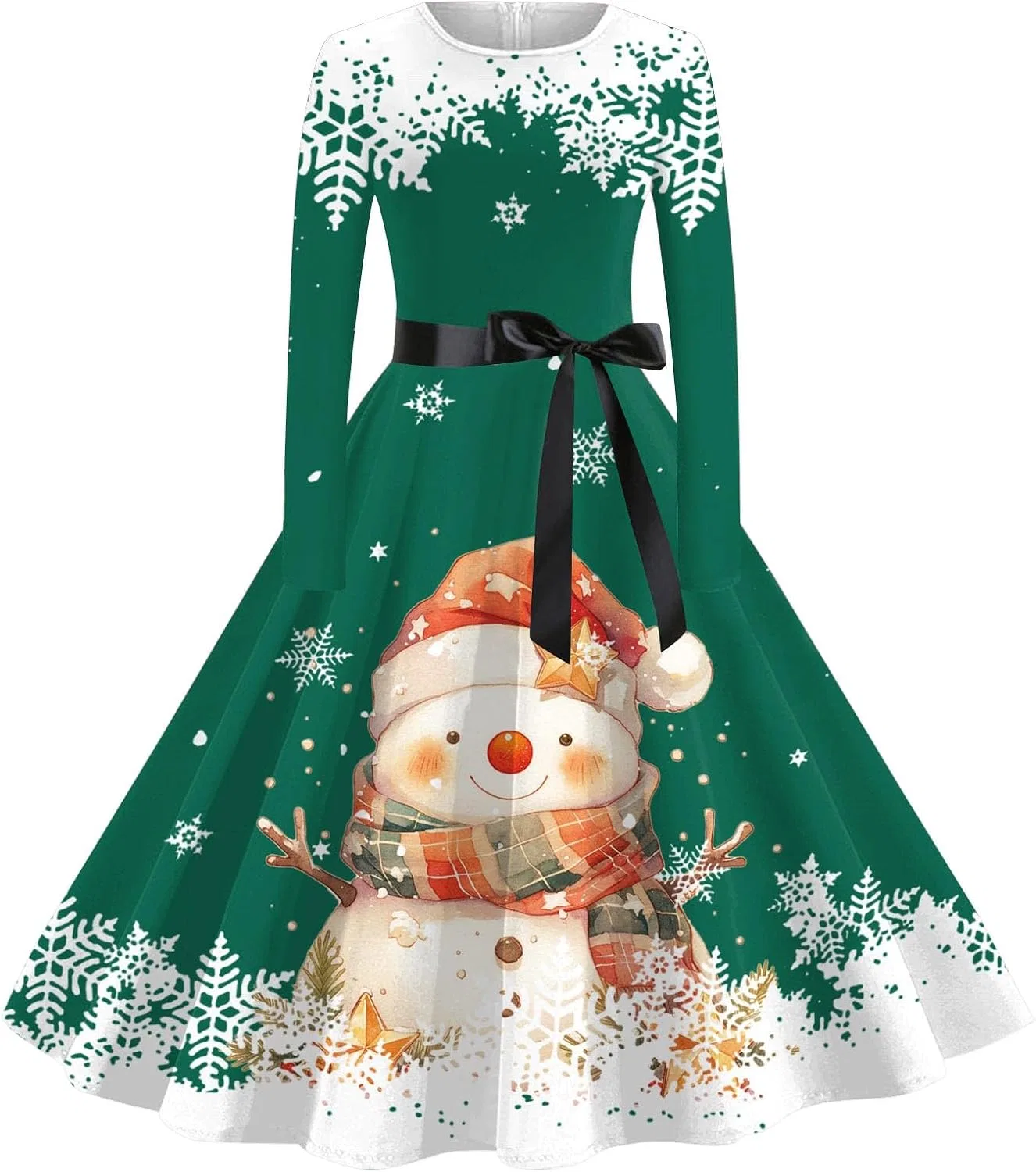 Женское платье для коктейля с принтом, длинным рукавом, с поясом, C-dark Green